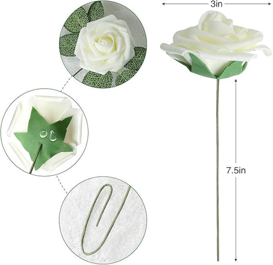 AmyHomie Artificial Flower Ivory Rose 25pcs Real Looking Fake Roses w/Stem for DIY Wedding Bouquets Centerpieces Arrangements Party Baby Shower Valentines Day Christmas Tree Decorations
