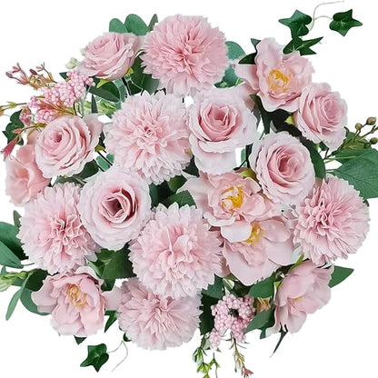 Premium Pink Silk Flower Bouquets, Artificial Chrysanthemums, Fake Flowers Roses Peonies Decoration, Pink Faux Floral Arrangements for Wedding Home Decor Table Centerpieces