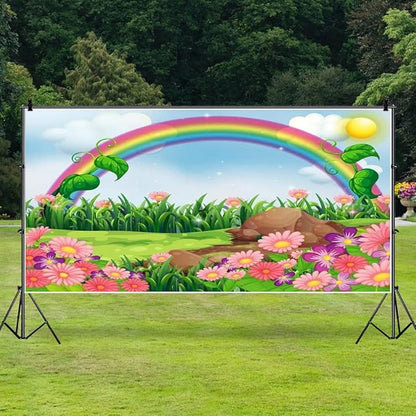 AOFOTO 20x10ft Cartoon Spring Flowers Rainbow Backdrop Meadow Sweet Floral Blossom Sky Sun Enchanting Garden Scenery Background for Kids Baby Shower Birthday Party Decor Wallpaper Photoshoot Props