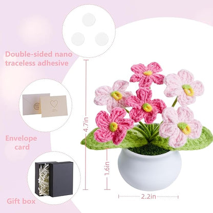 Crochet Flowers Pink Handmade Knitted Potted Flower Plants, Christmas Birthday Gifts for Coworkers Women Teacher Anniversary Thanksgiving, Cute Desk Home Office Accessories Decor