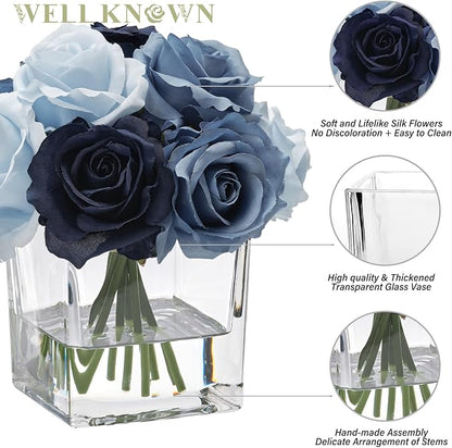 WELL KNOWN Rose Artificial Flowers in Vase with Faux Water, Silk Rose Table Centerpieces for Home Coffee Table Decor, Fake Roses Flower Arrangements for Office Hotel Lavatory Decor (Blue)