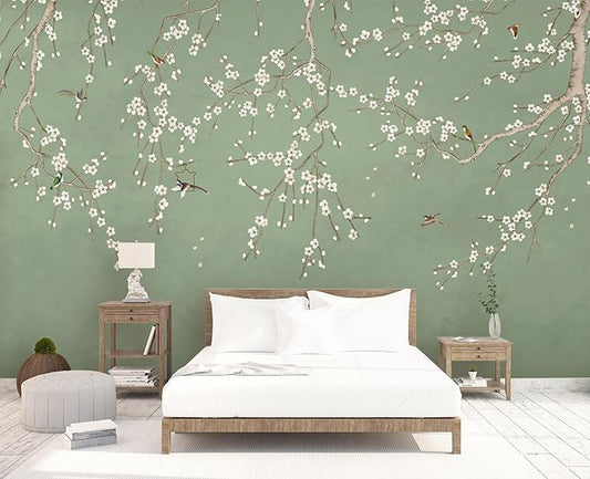 Cliouar-Decor Beautiful Wallpaper Birds and Flower Green Background Peel and Stick 90" x 67"