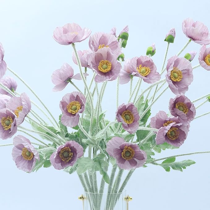 2 Pcs Artificial Fake Flowers Poppies Silk Flower Arrangements Wedding Bouquets Decorations Plastic Floral Table Centerpieces for Home Kitchen Garden Party Decor Approx 23.6" High - Light Purple
