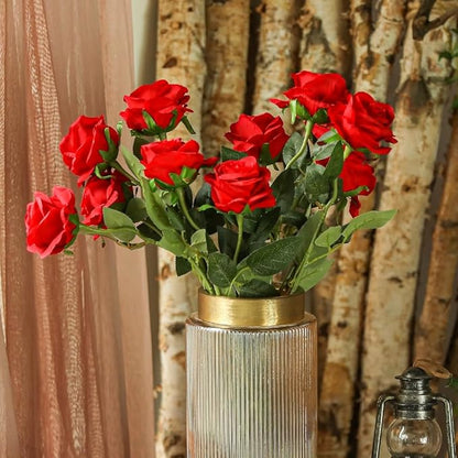 Kisflower 12 Pcs Red Roses Artificial Flowers with Stems Silk Roses Fake Rose Realistic Flower Bouquet for Wedding Party Office Home Decor (Red)