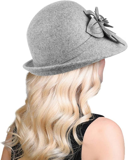 Bellady Women's Elegant Flower Wool Cloche Bucket Bowler Hat