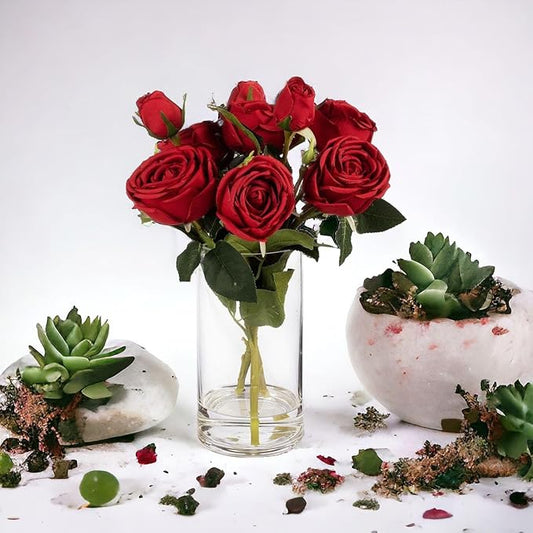 ENOVA FLORAL 9 Heads Silk Rose Artificial Flowers in Vase,Faux Rose Flowers Arrangement in Vase with Faux Water for Table Decor Centerpieces (Red)