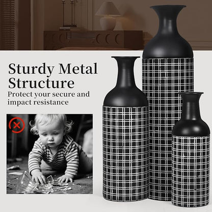 Tall Floor Vase Set of 3, Large Black Metal Vase with Minimalist White Lines & Detachable Vases Mouth, Big Modern Decorative Vases for Living Room,Hallway,Dining Rooms,Office,Kitchen.