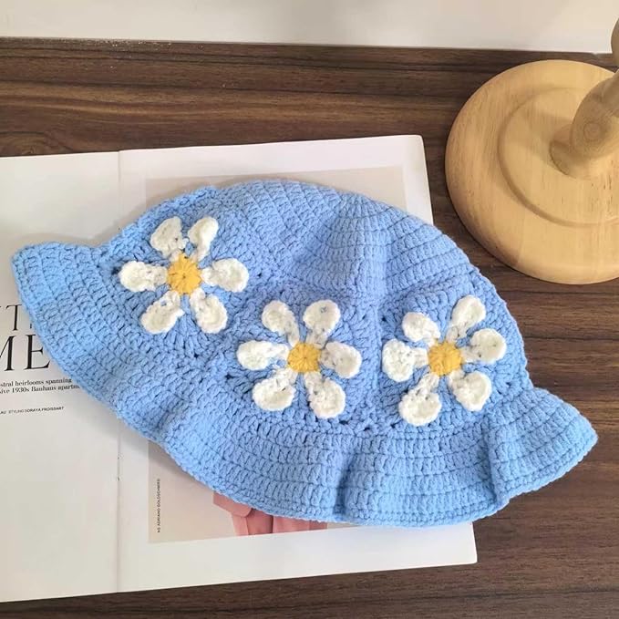 Crochet Bucket Hat for Women Flower Knit Hat Hollow Out Foldable Cap Hats