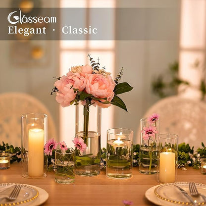Glasseam Clear Glass Cylinder Vase, 6pcs Glass Vases for Centerpieces, Modern Floating Candle Vases for Flowers, Hurricane Vase Decor Candle Holder for Pillar Candles Wedding Deco (5.5"/7.5"/9.5")