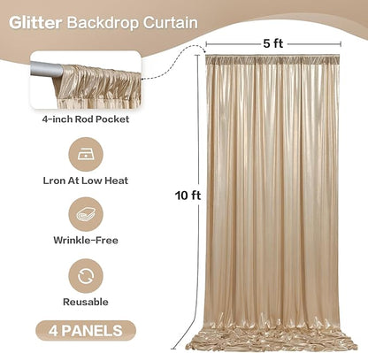 gogoparti 20x10FT Champagne Gold Sequin Backdrop Curtain - 4 Panels of 5x10FT Wrinkle-Free Glitter Drapes for Photography, Birthdays, Weddings & Graduations