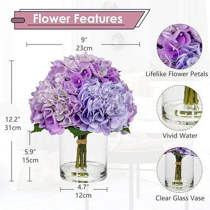 Hollyone Purple Hydrangea Artificial Flowers in Vase Latex Real Touch Large Faux Hydrangea Flowers Arrangements Hydrangeas Fake Flower with Glass Vase with Faux Water for Table Centerpiece Home Decor