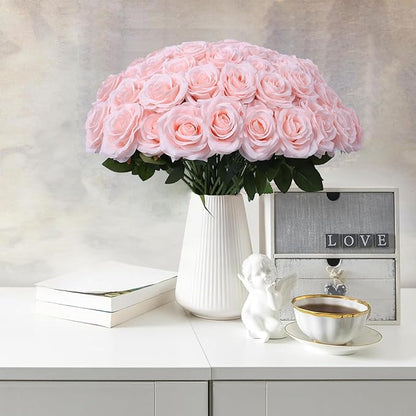 Artificial Rose Flower Blush Flowers Pink Roses Silk Flowers 50 pcs with Long Stem Silk Roses Bouquet for Wedding Bridal Shower Party Home Decoration