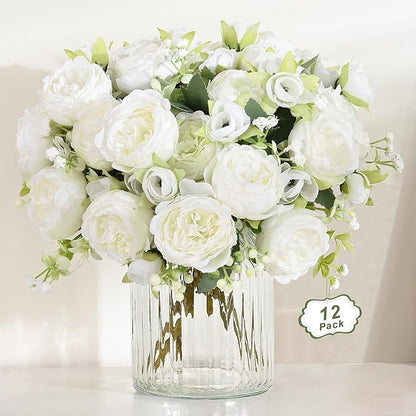 MARTINE MALL 12 Packs Peonies Artificial Flowers, White Artificial Peonies, Silk Peonies Flowers Fake Peonies Artificial Flowers Peonies Bouquet for Centerpiece Table Wedding Party Home Decor
