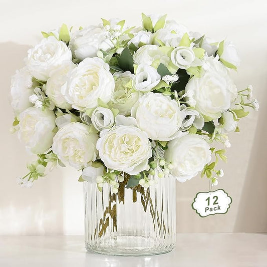 MARTINE MALL 12 Packs Peonies Artificial Flowers, White Artificial Peonies, Silk Peonies Flowers Fake Peonies Artificial Flowers Peonies Bouquet for Centerpiece Table Wedding Party Home Decor