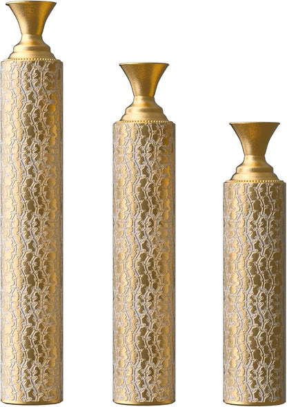 Metal Floor Vases Decorative, Set of 3 Flower Arrangement Stand, Metal Decorative Vase Tall Distressed Metallic Centerpiece Vases with Growing Vine Patterns, 34", 29", 25" H (Antique Gold1)