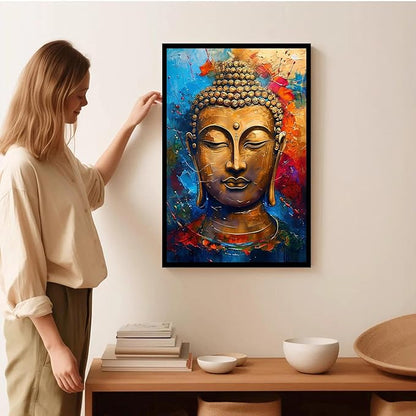 Golden Serenity Buddha Vintage Painting Wall Art Spirituality and Modern Art Wall Decor Adds Brilliance to Vibrant Home Decor 8x12in Metal blackFramed