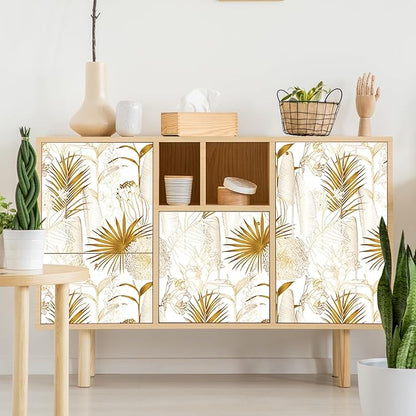 Gold/White Chrysanthemum Floral Peel and Stick Wallpaper - Tropical Palm Leaf Vintage Floral Contact Paper - Removable Wallpaper Vinyl Self Adhesive for Living Room Bedroom Shelf - 118.1"x17.71"