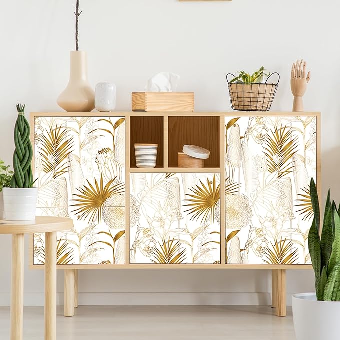 Gold/White Chrysanthemum Floral Peel and Stick Wallpaper - Tropical Palm Leaf Vintage Floral Contact Paper - Removable Wallpaper Vinyl Self Adhesive for Living Room Bedroom Shelf - 236.2"x17.71"