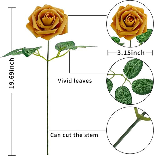 [25PCS] Gold Roses Artificial Flowers with Long Stem Real Touch Fake Foam Roses for Decoration DIY Wedding Bouquets Centerpieces Bridal Shower Mothers Day Party Flower Arrangements Home Decor