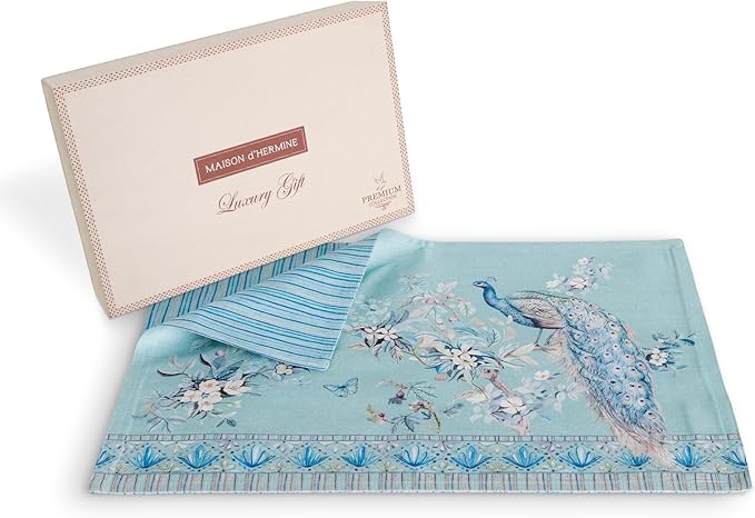 Maison d' Hermine Placemat 100% Combed Cotton Premium Set of 4 Decorative Washable Place Mats Table Cloth Placemat, Dining & Camping - Peacock Utopia - Pastel Turquoise(13"x19")