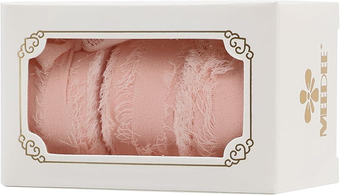 MEEDEE Blush Chiffon Ribbon 1 Inch Fringe Ribbon Pink Chiffon Silk Frayed Edge Ribbons Thin Chiffon Ribbons for Crafts, Gift Wrapping, Wedding Invitation (3 Rolls 21 Yards)