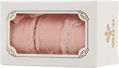 MEEDEE Blush Chiffon Ribbon 1 Inch Fringe Ribbon Pink Chiffon Silk Frayed Edge Ribbons Thin Chiffon Ribbons for Crafts, Gift Wrapping, Wedding Invitation (3 Rolls 21 Yards)