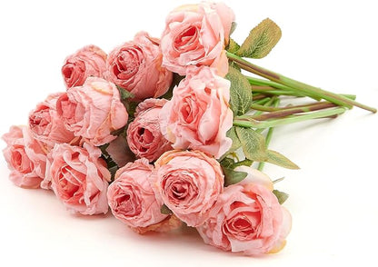 Rose Artificial Flower 12pcs Realistic Faux Silk Roses Fake Flowers Bouquets Arrangements Decor for Wedding Spring Mother's Day, Home Table Decorations, Pink Flower