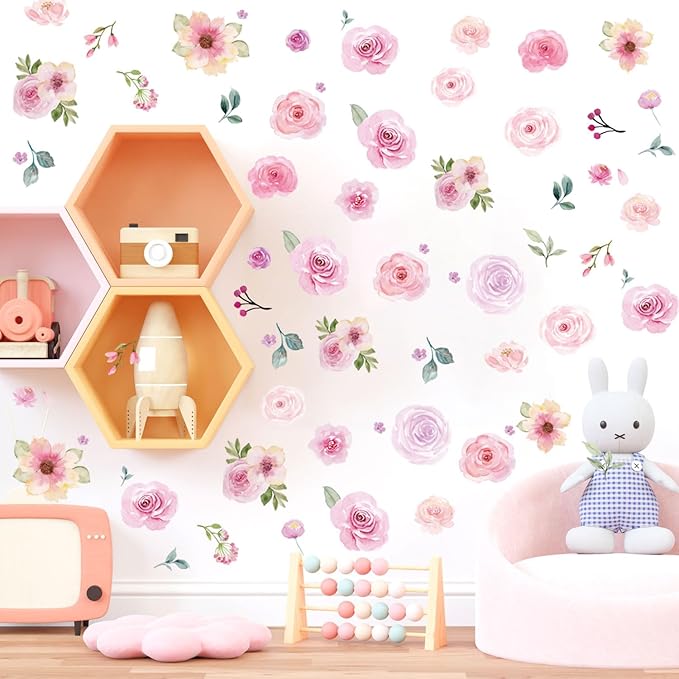 Floral Wall Decals Peel and Stick | 60PCS Watercolor Peony Flower & Leaves Stickers | Removable Vinyl Wall Art for Girls Bedroom, Nursery, Living Room | Pastel Home Decor