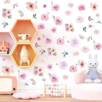 Floral Wall Decals Peel and Stick | 60PCS Watercolor Peony Flower & Leaves Stickers | Removable Vinyl Wall Art for Girls Bedroom, Nursery, Living Room | Pastel Home Decor