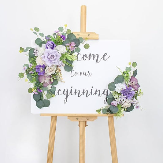 2pcs Wedding Arch Flowers,Wedding Welcome Sign,centerpieces for Tables,Reception Backdrop Table Decorations Welcome Sign (Purple)