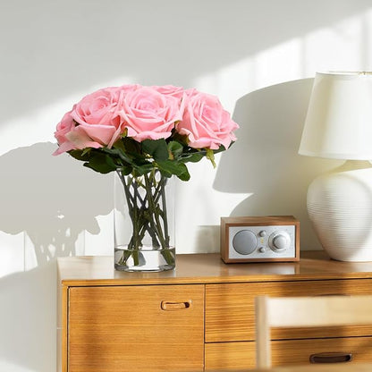 BLEUM CADE Luxury PU Fake Flowers in Vase with Faux Water, Pink Real Touch Roses Artificial Flowers with Glass Vase for Office Home Dining Room Centerpiece Table Decorations