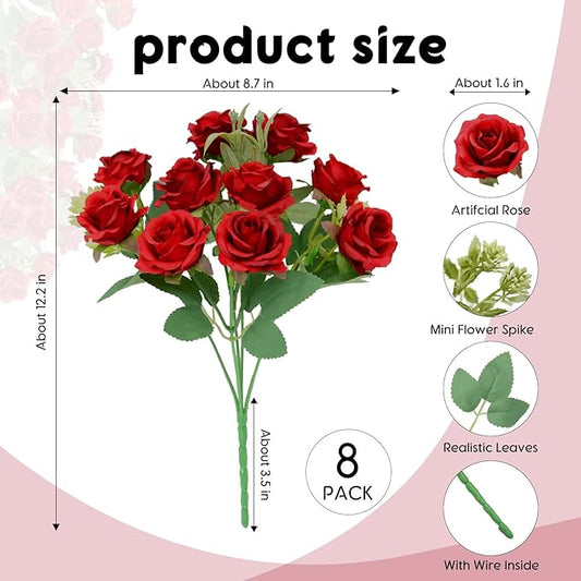 8 Pack Rose Artificial Flowers Bouquet, 10 Small Silk Rose Heads Per Pack, Fake Roses Bunches for Wedding Table Centerpieces Bridal Bouquet Mother's Day Valentine's Day Home Decor, Red