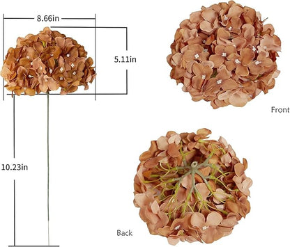 DuHouse Hydrangea Silk Flowers Artificial Hydrangea Heads with Stem Fake Flowers for Wedding Home Garden Centerpiece Pack of 6 (Coffee)