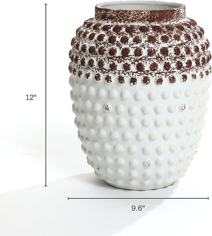 LuxenHome Ceramic Flower Vase,Rustic Decorative Vase for Home Decor,Vintage White and Brown Beaded 12-Inch Tall Urn Vase Shelf Decor Room Decor Entry Way Table Home Decor
