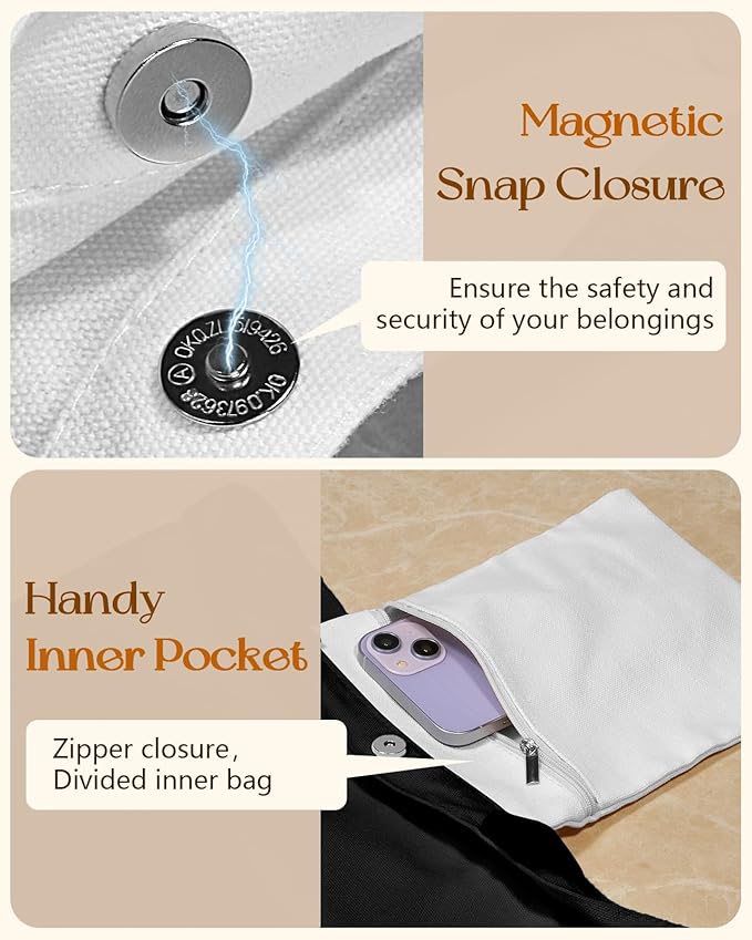 Aesthetic Tote Bag for Women- with Magnetic Buckle and Zipper Inner Pocket Cloth Cotton Canvas Tote Bags