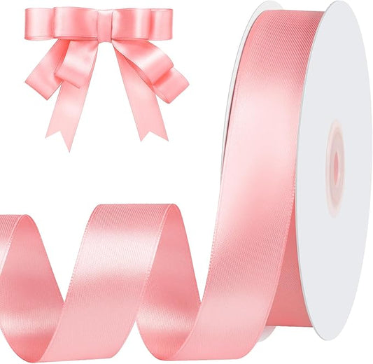 Pink Ribbon 1 inch 60 Yards Double Faced Pink Christmas Decor Ribbon for Lei Bows Crafts Gift Wrapping Flower Bouquet Wedding Party Vases Decorations