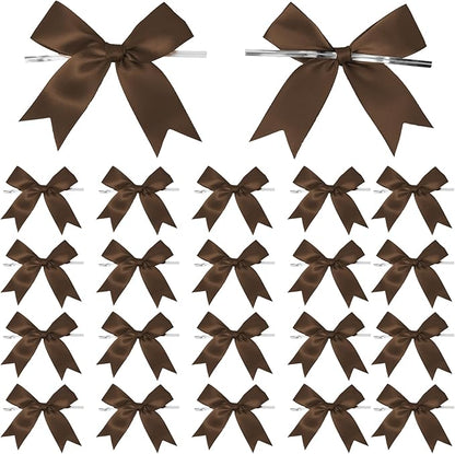 50 Counts Brown Twist Tie Bows 3.1" Pre-Tied Satin Ribbon Bow Decor Mini Twist Tie Bows for Gift Wrapping Treat Bags Cake Bridal Baby Shower Birthday Party Favors Wedding Decorations