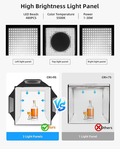 Glendan Light Box for Photography: 16"x16" Portable Photo Studio Soft Box with 480 LED Light - Photo Booth Box with 4 Color Backdrops for Jewelry Product Photography