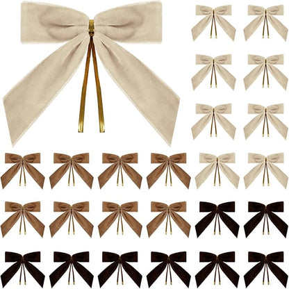 24 Pcs Champagne Brown Small Velvet Christmas Bows for Christmas Tree, Wreath, Gift Wrapping, Crafts, Wedding, Party, Twist Tie Bows for Treat Bag Bakery Candy Bags 1" W,3.5 x 3.5 inch