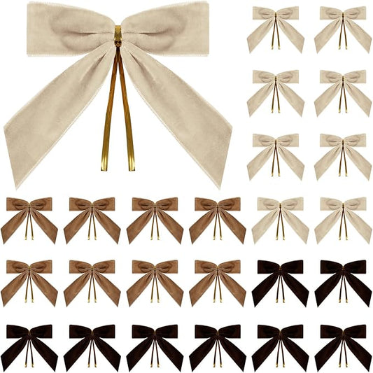 24 Pcs Champagne Brown Small Velvet Christmas Bows for Christmas Tree, Wreath, Gift Wrapping, Crafts, Wedding, Party, Twist Tie Bows for Treat Bag Bakery Candy Bags 1" W,3.5 x 3.5 inch