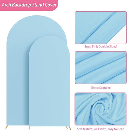 Putros Metal Arch Stand with Cover Set of 2 Dusty Blue Spandex Fitted Wedding Arch Cover and Round Top Chiara Backdrop Stand for Birthday Party Baby Shower Decoration 7.2FT, 6FT