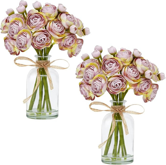 Ranunculus Artificial Flowers with Vase, 2 Pack - 8 Pcs Faux Silk Ranunculus Flower in Vase, Small Flowers Arrangements for Home Decor Indoor, Table Centerpiece. (Lilac)