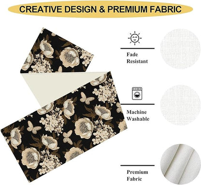 Boho Floral Table Runner, Retro Bohemian Abstract Flower Leaves Black Gothic Print Table Center Decor for Family Kitchen Table Decorations Indoor Outdoor 13x72 inch