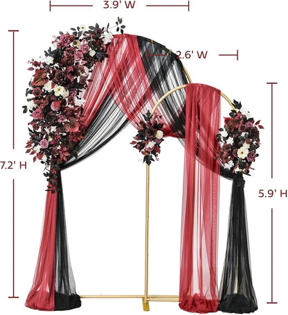 Ling's moment Wedding Arch Backdrop Stand with Flowers - 7.2FT, 6FT Set of 2 Metal Arch Frame with Drapes for Ceremony Decoration - Artificial Floral for Birthday Party, Baby Shower, Black Burgundy