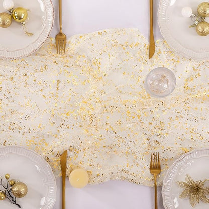 Socomi Gold Table Runner Christmas Gauze Sheer Chiffon Cheesecloth Sequin 10FT Glitter Metallic Foil Dining Wedding Birthday Party Fall Winter Anniversary Holiday Centerpiece Table Decor Beige