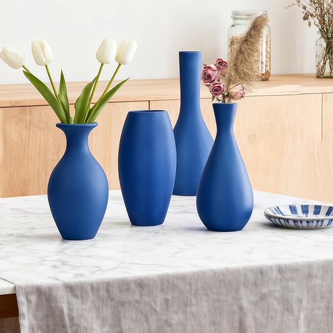 Matte Blue Ceramic Vase 4 Piece Set, Navy Blue Vase for Rustic Modern Home Decor, Coastal Decorative Vases for Living Room, Kitchen,Table,Shelf,Office,Housewarming,Gift