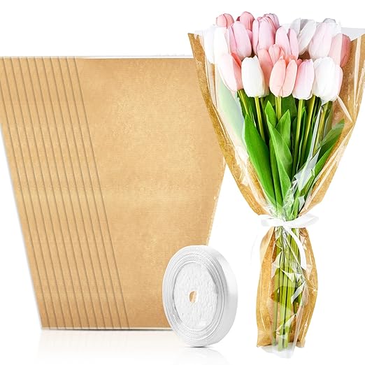 CLUEWR 50 PCS Flower Bags for Bouquets, Floral Wrapping Paper with Ribbons Florist Wrap Supplies, 22.1 x 14.2 Inches