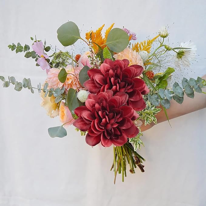 Uieke 6PCS Artificial Daisy Mums Flowers with Stem, Silk Gerbera Daisies Flowers Arrangement for Home Party Wedding Bridesmaid Bouquets Christmas Table Centerpieces Decor (Burgundy Red)