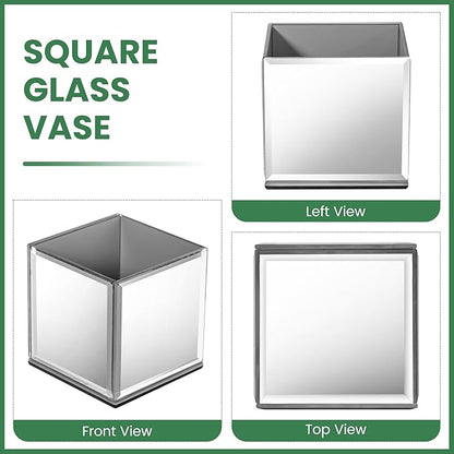 Set of 6 Mirrored Square Glass Vases 4" x4" x4", Silver Flower Vases for Centerpieces, Square Glass Cube Vase Candle Holder for Wedding, Party, Home Office Decoration