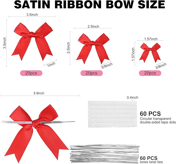 Oubest Red Bows for Gift Wrapping, 60 PCS 1.57", 2.5" & 3.5" Satin Ribbon Gift Wrap Bows with Twist Tie for Christmas,Birthdays,Baby Shower,Weddings,Crafts,Holiday Presents,Party Decorations, Red
